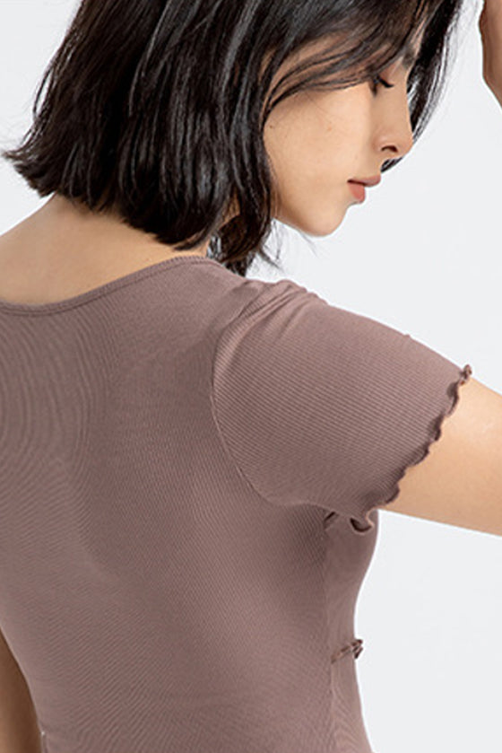 PACK264777-P2017-1, Chestnut Frilly Trim Crossed Hem Cropped Yoga Top