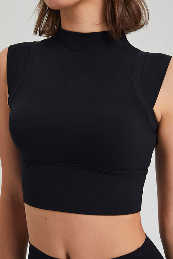 PACK264778-P2-1, Black Mock Neck Cropped Sports Tank Top