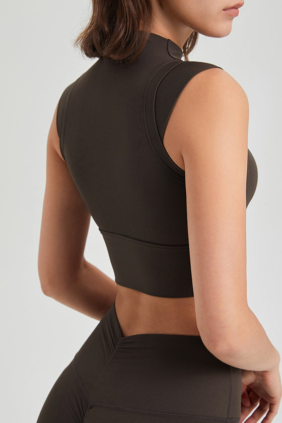 PACK264778-P5017-1, Dark Brown Mock Neck Cropped Sports Tank Top