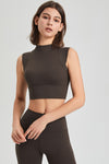 PACK264778-P5017-1, Dark Brown Mock Neck Cropped Sports Tank Top