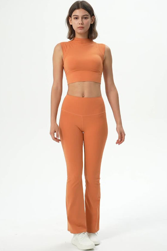 PACK265549-P3014-1, Grapefruit Orange Ruched High Waist Butt Lift Sports Flared Pants