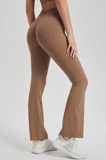  PACK265549-P5016-1, Pale Khaki Ruched High Waist Butt Lift Sports Flared Pants