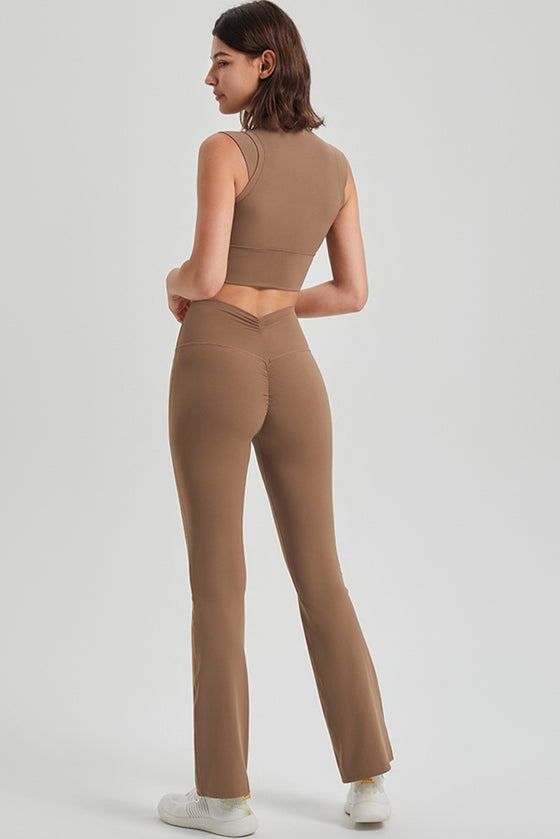 PACK265549-P5016-1, Pale Khaki Ruched High Waist Butt Lift Sports Flared Pants