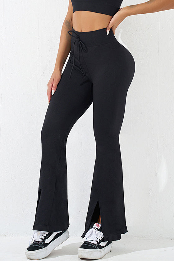 PACK265529-P2-1, Black Drawstring High Waist Split Yoga Flared Leggings