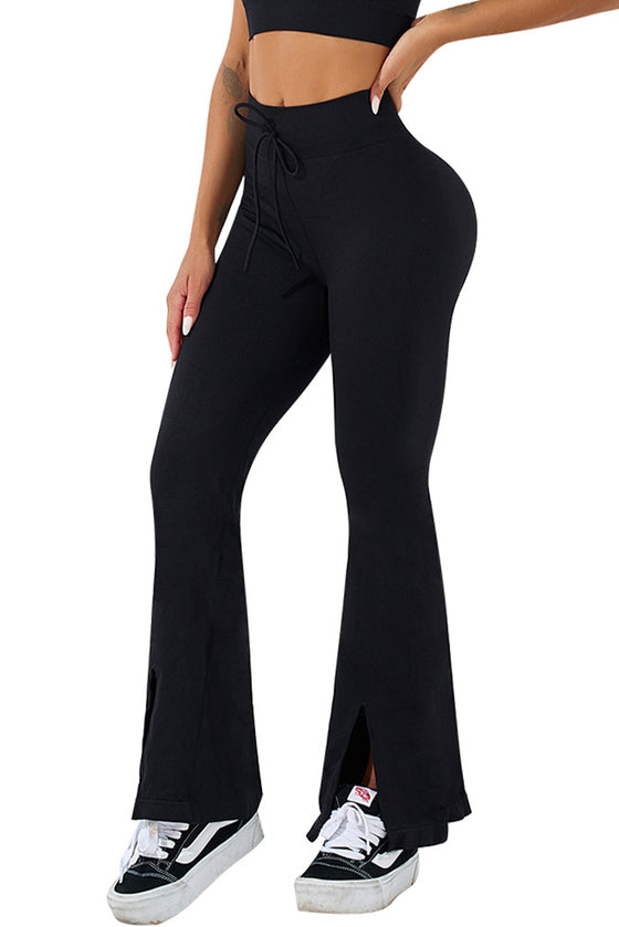 PACK265529-P2-1, Black Drawstring High Waist Split Yoga Flared Leggings