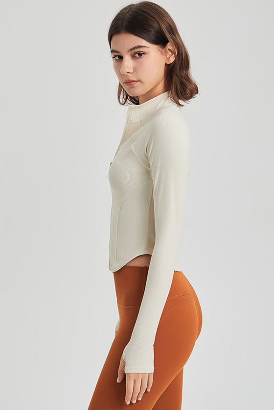 PACK264780-P1-1, White Thumbhole Sleeve Mock Neck Zip Up Yoga Coat