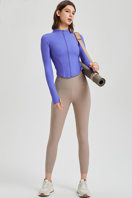 PACK264780-P205-1, Sky Blue Thumbhole Sleeve Mock Neck Zip Up Yoga Coat