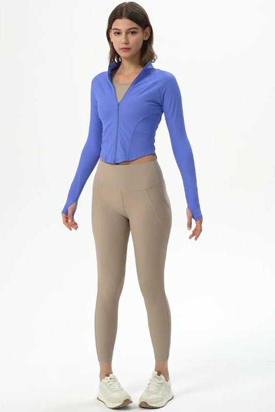 PACK264780-P205-1, Sky Blue Thumbhole Sleeve Mock Neck Zip Up Yoga Coat