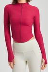 PACK264780-P206-1, Pitaya Pink Thumbhole Sleeve Mock Neck Zip Up Yoga Coat