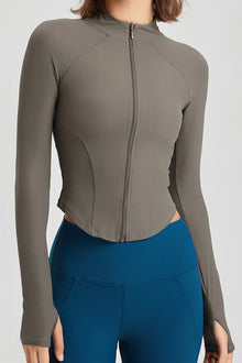  PACK264780-P1609-1, Moss Green Thumbhole Sleeve Mock Neck Zip Up Yoga Coat