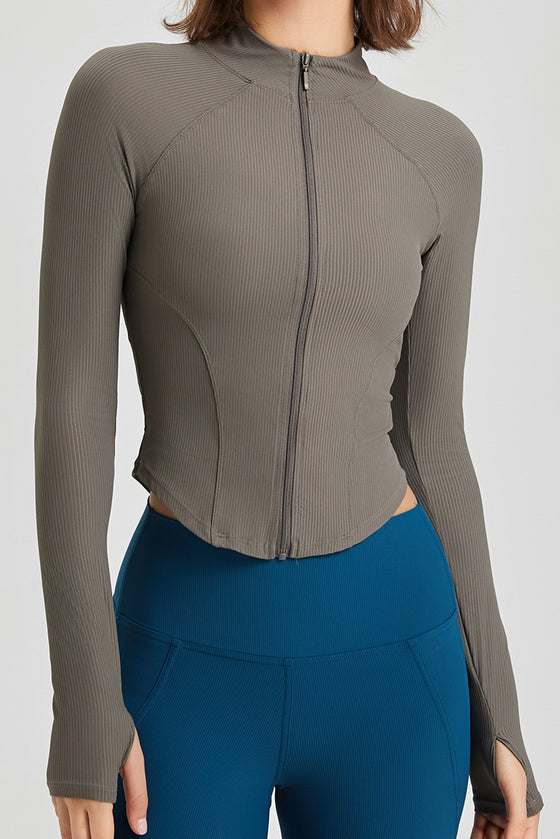 PACK264780-P1609-1, Moss Green Thumbhole Sleeve Mock Neck Zip Up Yoga Coat