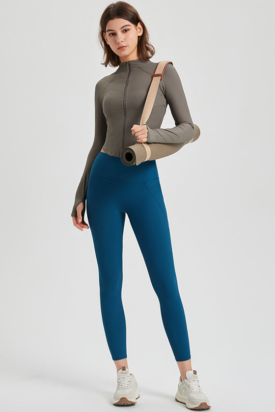 PACK264780-P1609-1, Moss Green Thumbhole Sleeve Mock Neck Zip Up Yoga Coat