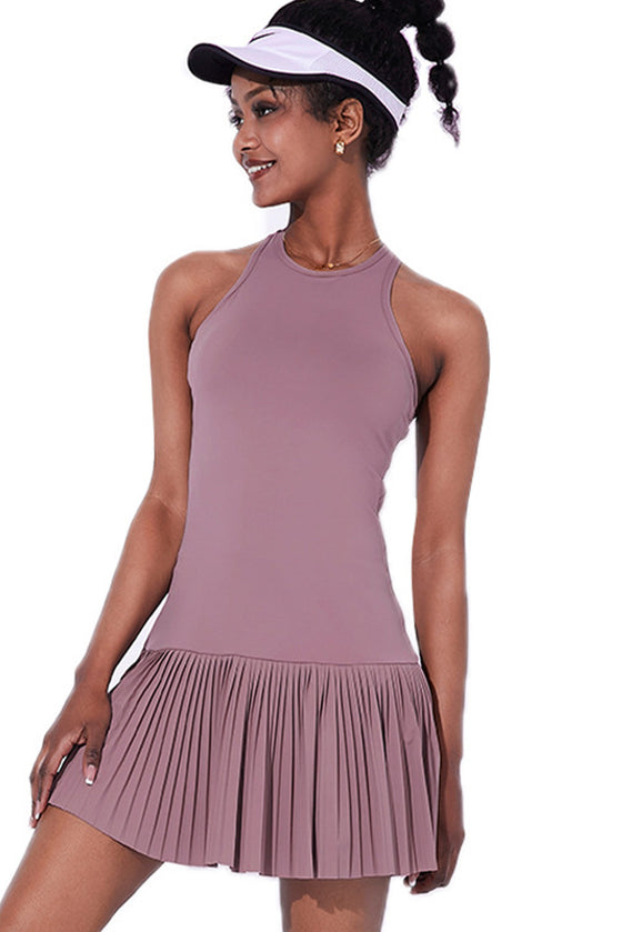 PACK267003-P308-1, Valerian Solid Color Sleeveless Pleated Active Mini Dress