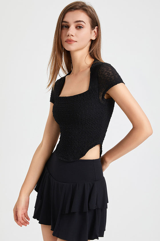 PACK264781-P2-1, Black Solid Color Textured Square Neck Active Top