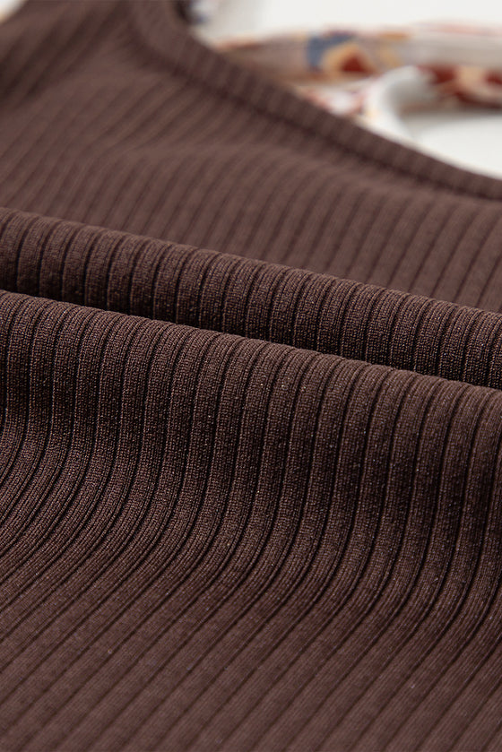 PACK6421681-P1017-1, Coffee Ribbed Knit Floral Bubble Sleeve Bodysuit