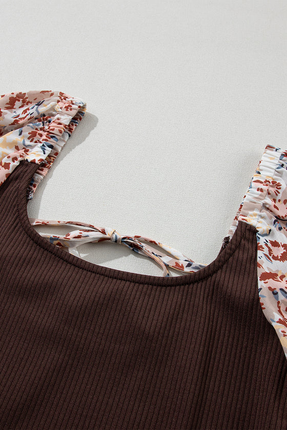 PACK6421681-P1017-1, Coffee Ribbed Knit Floral Bubble Sleeve Bodysuit