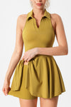 PACK267005-P407-1, Mustard V Neck Pleated Removable Pad Sleeveless Active Dress