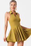 PACK267005-P407-1, Mustard V Neck Pleated Removable Pad Sleeveless Active Dress
