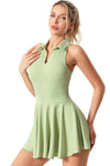 PACK267005-P1109-1, Grass Green V Neck Pleated Removable Pad Sleeveless Active Dress