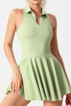 PACK267005-P1109-1, Grass Green V Neck Pleated Removable Pad Sleeveless Active Dress