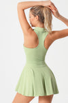 PACK267005-P1109-1, Grass Green V Neck Pleated Removable Pad Sleeveless Active Dress