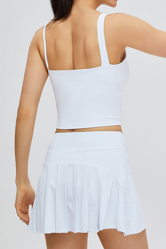 PACK265554-P1-1, White Solid Color High Waist Back Pleated Sports Skirt