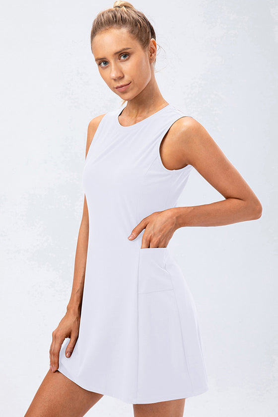 PACK267006-P1-1, White Solid Color Sleeveless Basic Active Mini Dress