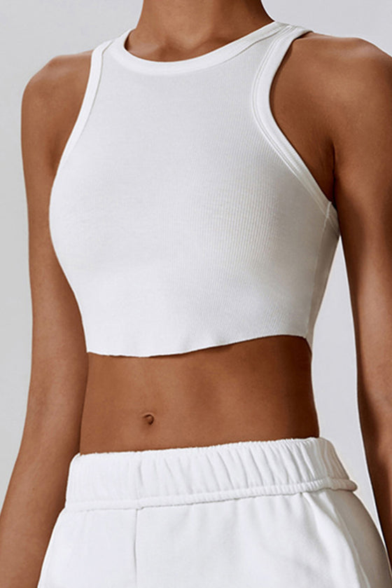 PACK264782-P1-1, White Ribbed Active Sports Cropped Tank Top