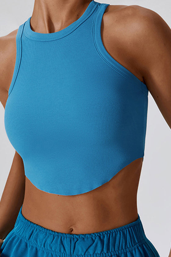 PACK264782-P405-1, Peacock Blue Ribbed Active Sports Cropped Tank Top
