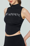 PACK264783-P2-1, Black Letter Print Mock Neck Curved Hem Sport Tank Top