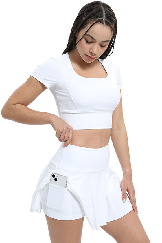 PACK265558-P1-1, White High Waist Beck Zipper Pocket Ruffled Active Skirt