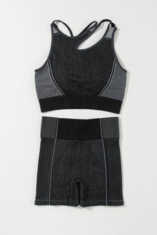  PACK2611500-2-1, Black Strappy Mix Pattern Cutout Bra and Shorts Set