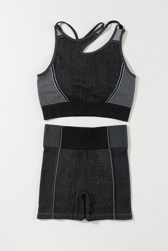 PACK2611500-2-1, Black Strappy Mix Pattern Cutout Bra and Shorts Set