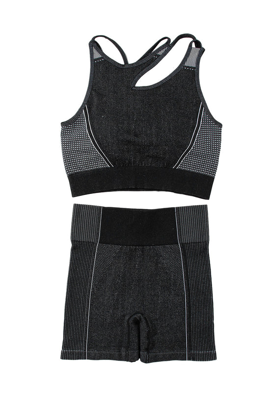 PACK2611500-2-1, Black Strappy Mix Pattern Cutout Bra and Shorts Set