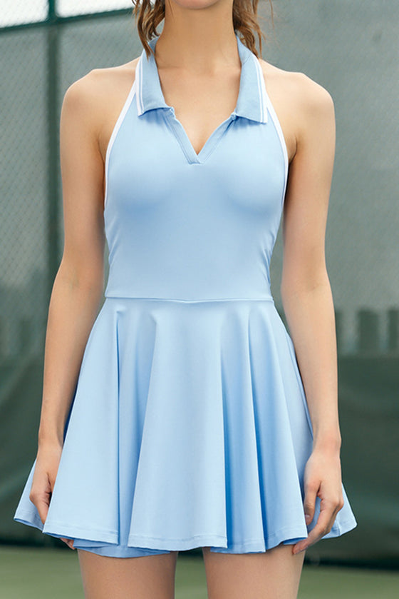 PACK267010-P804-1, Beau Blue Colorblock Sleeveless Collared Halter Neck Backless Sports Dress