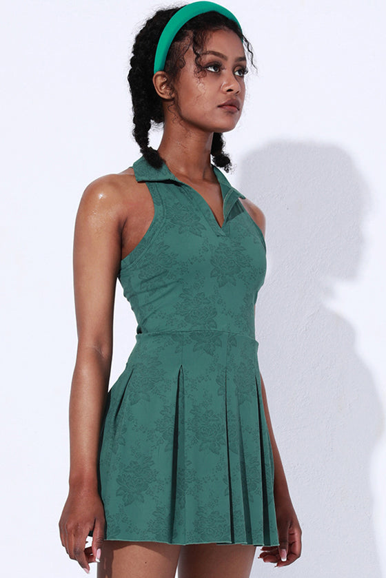 PACK267011-P309-1, Blackish Green Sleeveless V Neck Shirt Collar Sports Mini Dress
