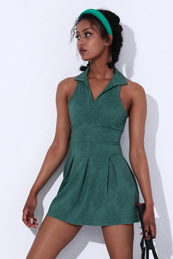 PACK267011-P309-1, Blackish Green Sleeveless V Neck Shirt Collar Sports Mini Dress