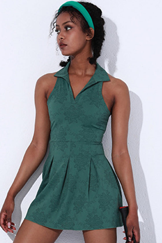 PACK267011-P309-1, Blackish Green Sleeveless V Neck Shirt Collar Sports Mini Dress