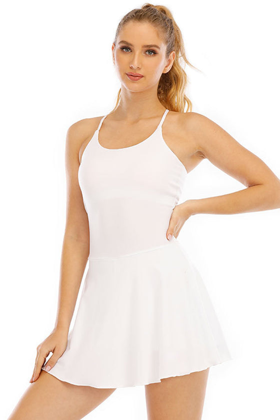 PACK267012-P1-1, White Spaghetti Straps U Neck Pocketed Active Dress