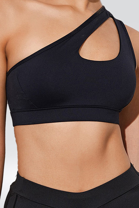 PACK264786-P2-1, Black Solid One Shoulder Cut Out Sports Bra