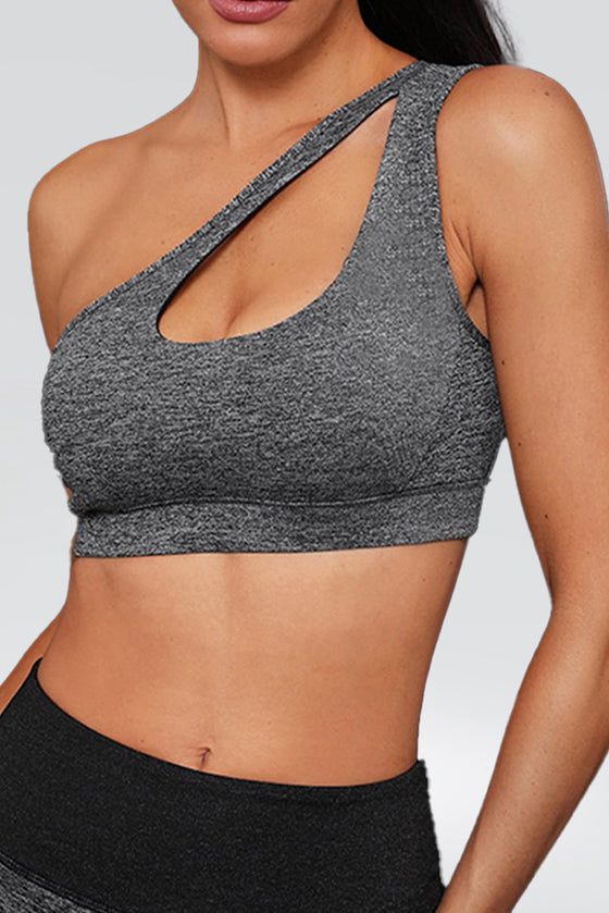 PACK264786-P2011-1, Dark Grey Solid One Shoulder Cut Out Sports Bra
