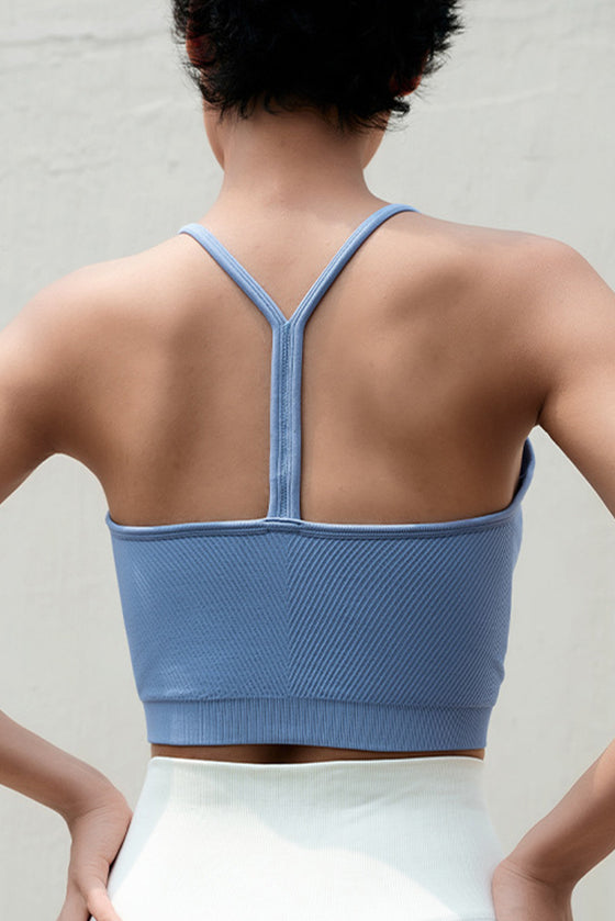 PACK264784-P304-1, Sky Blue Ribbed Spaghetti Strap V Neck Cropped Yoga Top