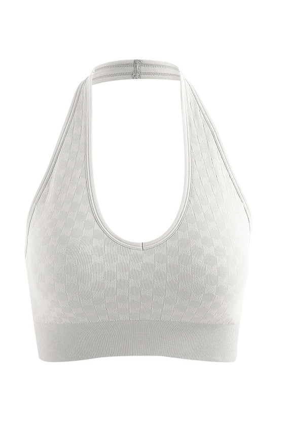 PACK264787-P1-1, White Solid Textured Halter Neck Sports Bra