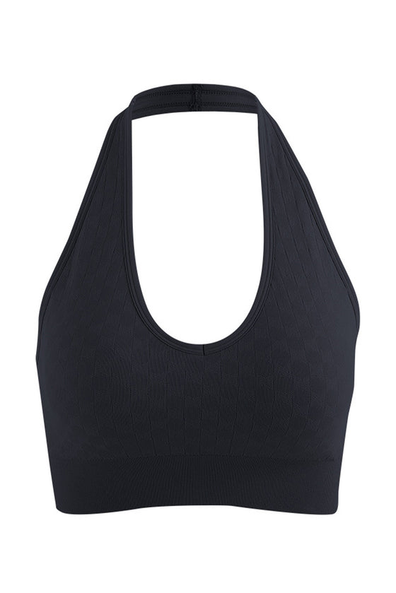 PACK264787-P2-1, Black Solid Textured Halter Neck Sports Bra