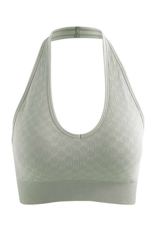 PACK264787-P1209-1, Laurel Green Solid Textured Halter Neck Sports Bra