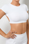 PACK264770-P1-1, White Solid Color Short Sleeve Backless Active Crop Top