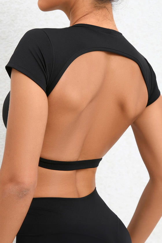 PACK264770-P2-1, Black Solid Color Short Sleeve Backless Active Crop Top
