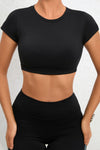 PACK264770-P2-1, Black Solid Color Short Sleeve Backless Active Crop Top