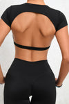 PACK264770-P2-1, Black Solid Color Short Sleeve Backless Active Crop Top