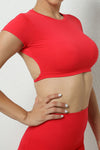 PACK264770-P3-1, Fiery Red Solid Color Short Sleeve Backless Active Crop Top
